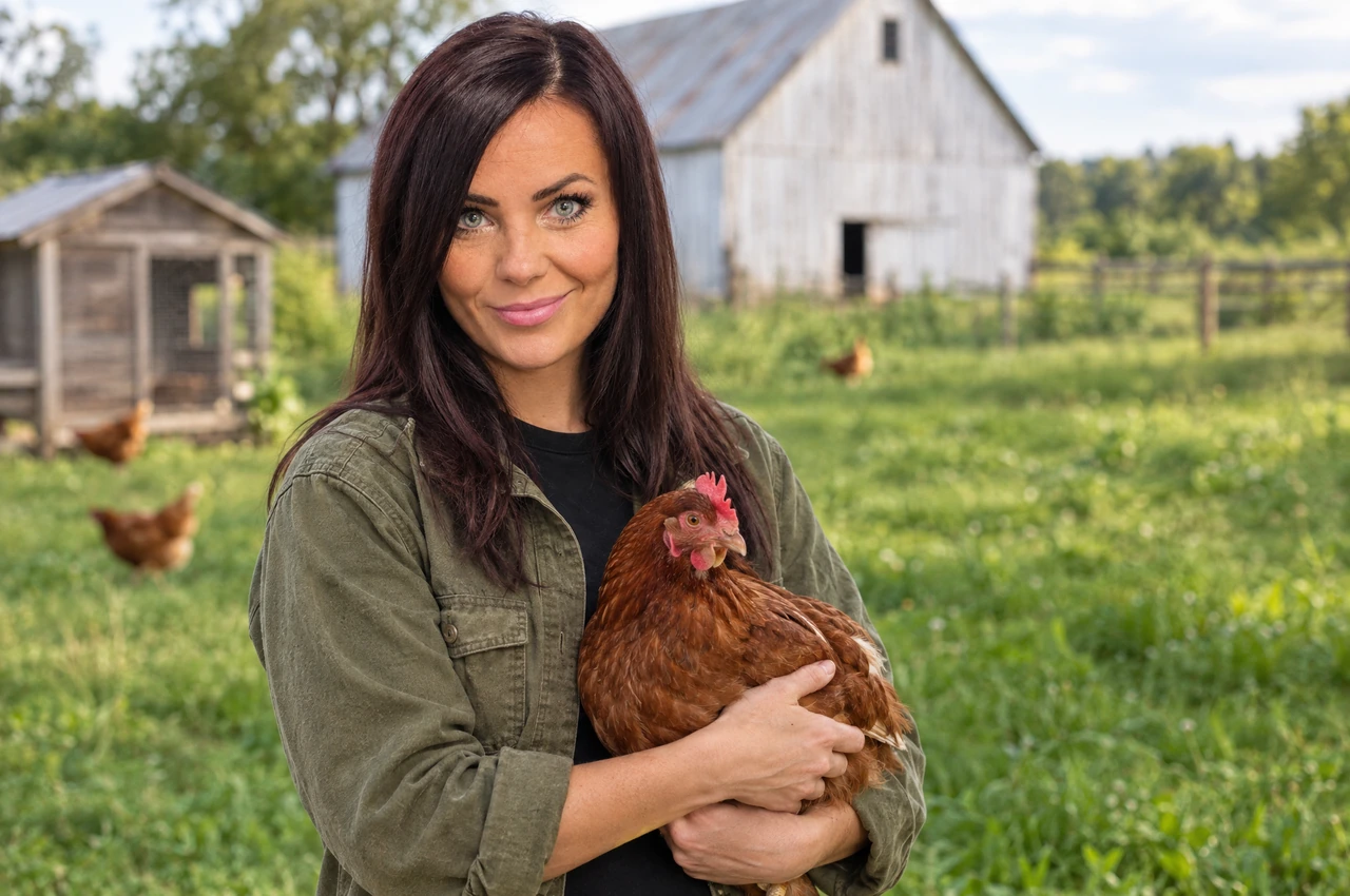 The Chicken Keepers site owner holding a brown hen on a farm